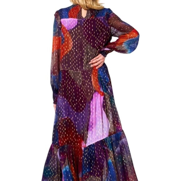 Rare Oliphant Drop Waist Smocked Neck Art Navy Print Maxi Dress S Oversized Boho - Picture 3 of 11